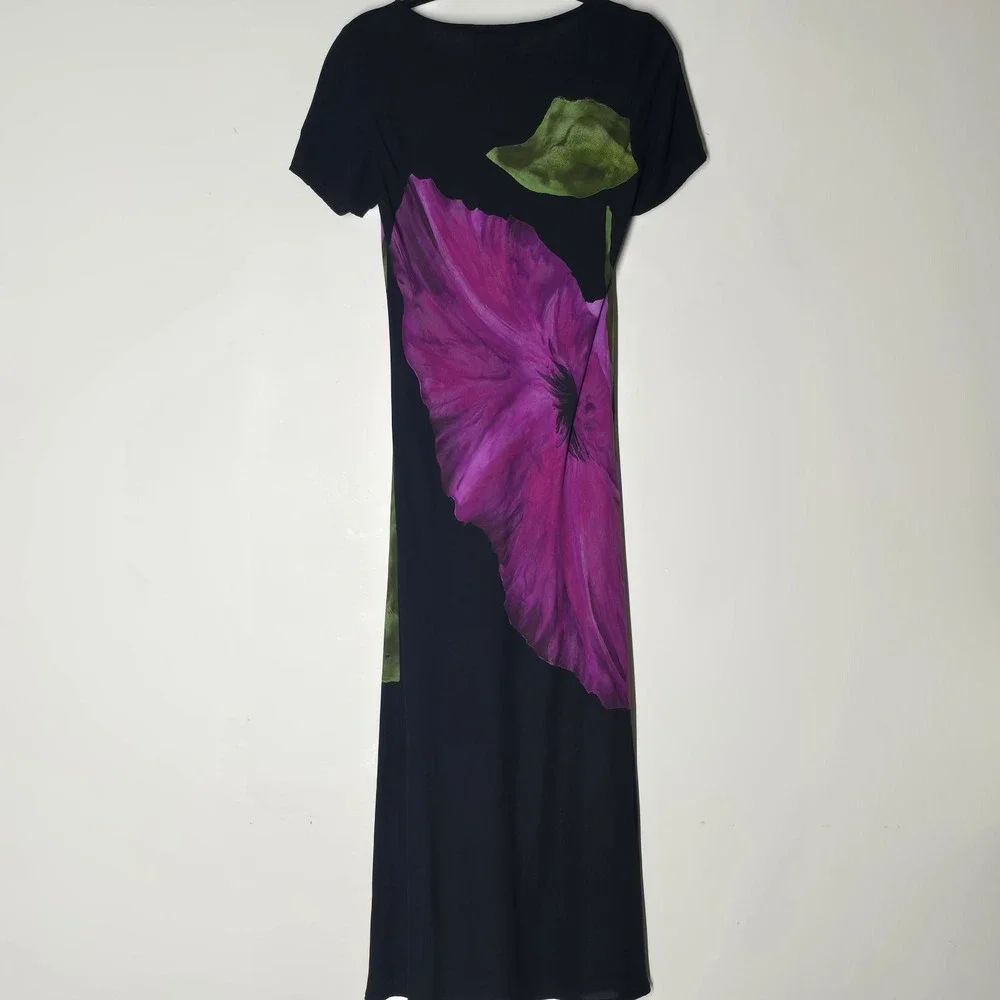 Carole Little Vintage 90s Black Oversize Floral Rayon Maxi Dress Petite 10